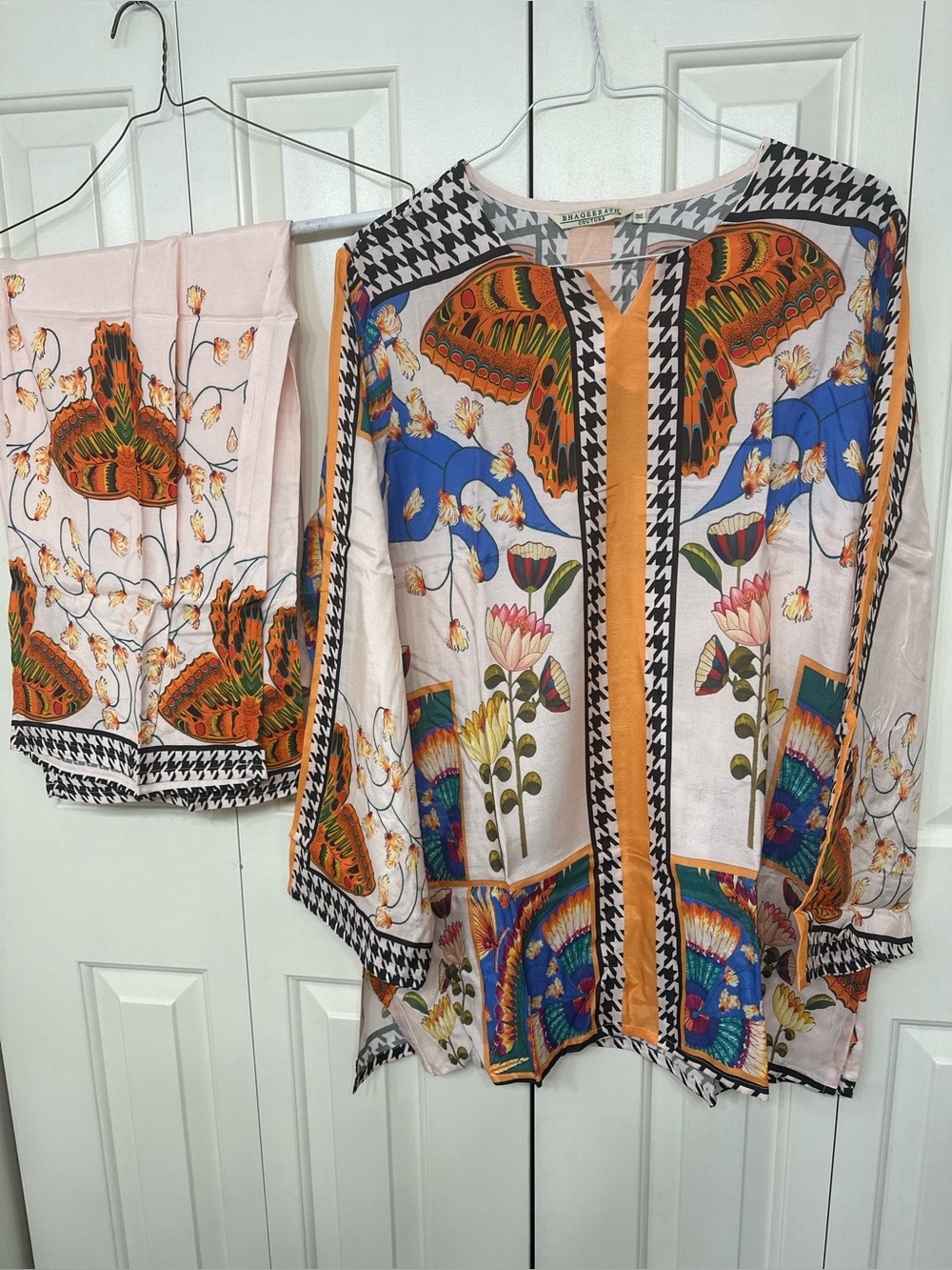 Floral Butterfly Printed Cord Set - In Pale Pink, Blue & Orange size 23”